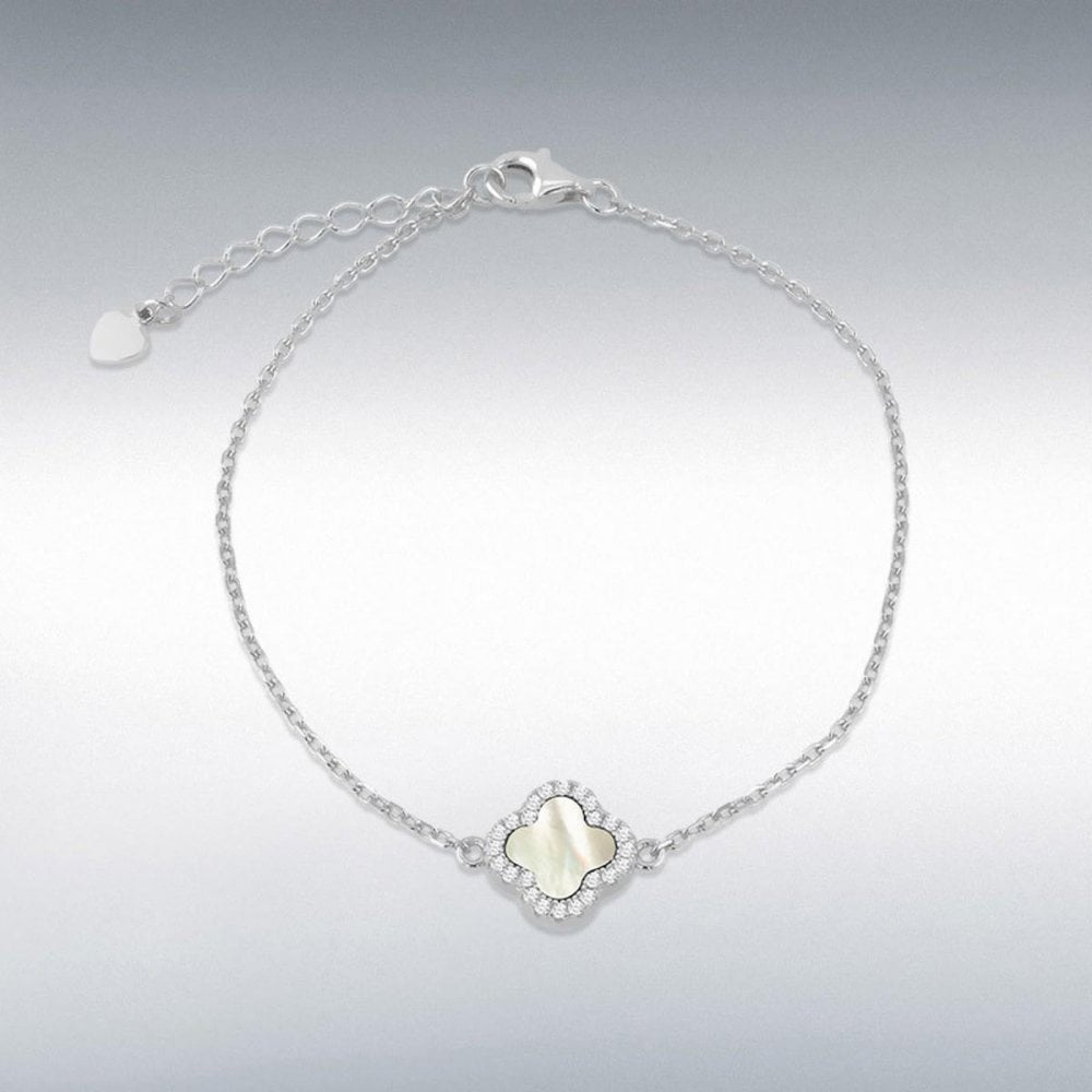 Silver Mop CZ Clover Petal Adjustable Bracelet