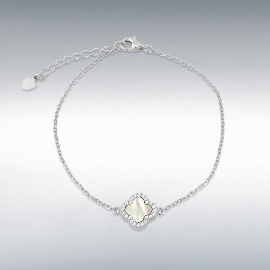 Silver Mop CZ Clover Petal Adjustable Bracelet