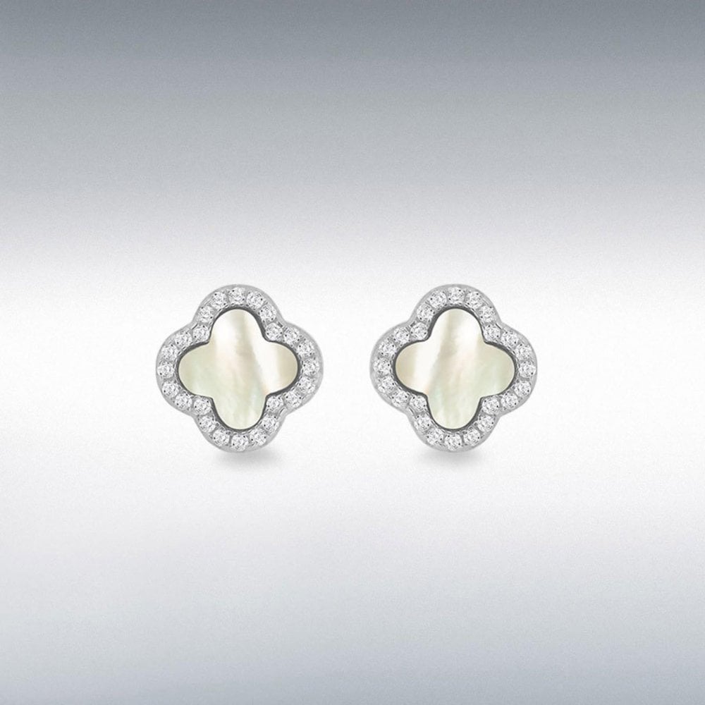 Silver MOP CZ Petal Stud Earrings