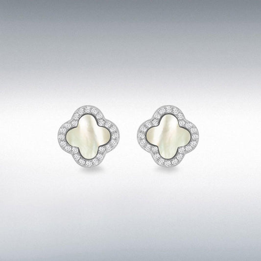 Silver MOP CZ Petal Stud Earrings