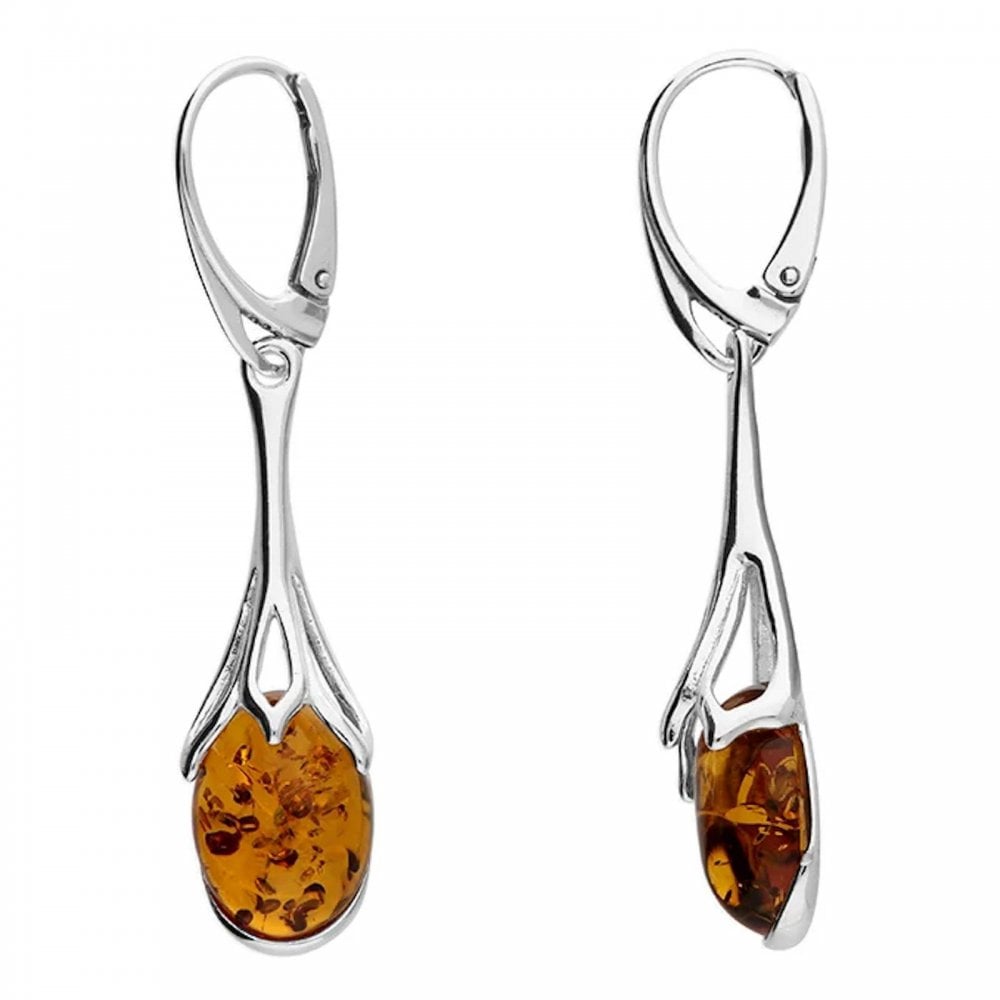 Silver Oval Amber Sunflower Drop Earrings