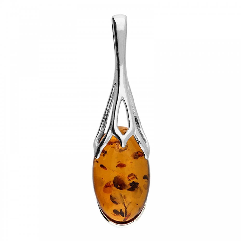 Silver Oval Amber Sunflower Pendant