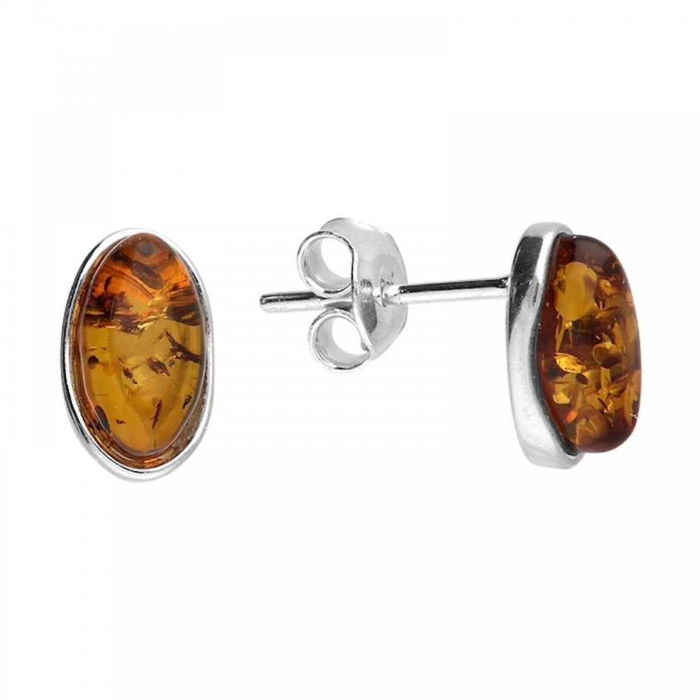 Silver Oval Cognac Amber Stud Earrings