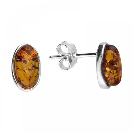 Silver Oval Cognac Amber Stud Earrings