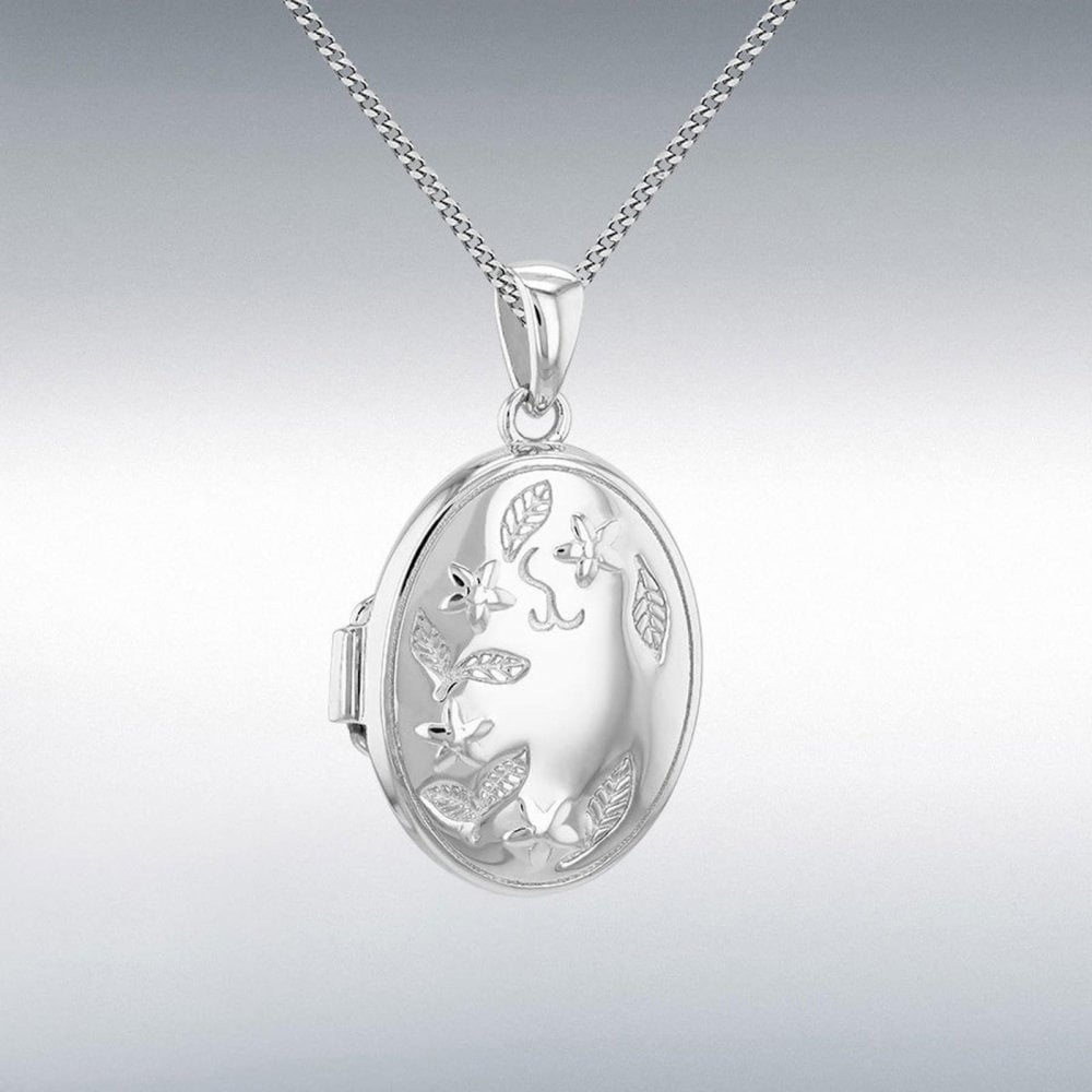 Silver Oval Engraved Locket & Chain
