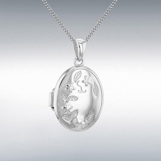 Silver Oval Engraved Locket & Chain