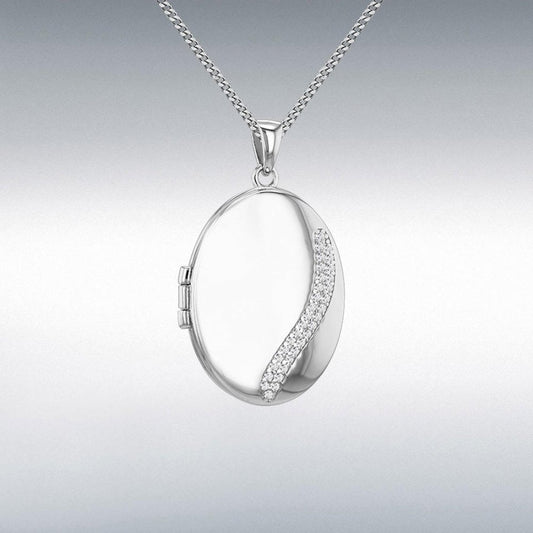 Silver Oval Locket with Pave CZ & Chain