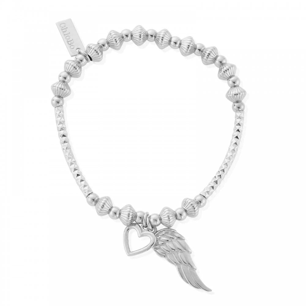 Silver Pattern Noodle Disc Heart and Angel Wing Bracelet