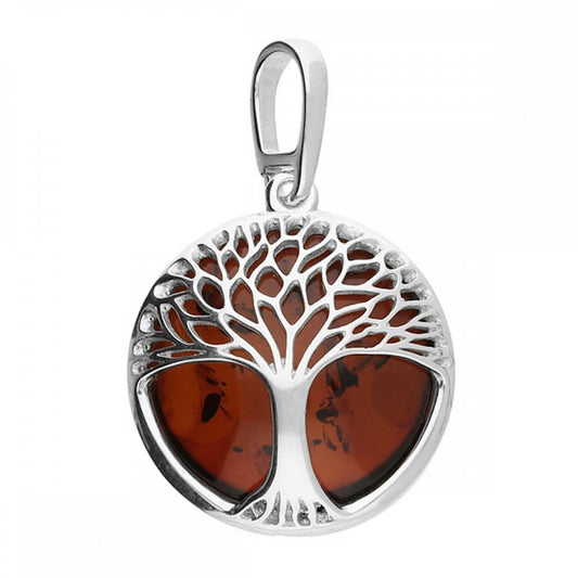 Silver Red Cherry Amber Tree of Life Pendant