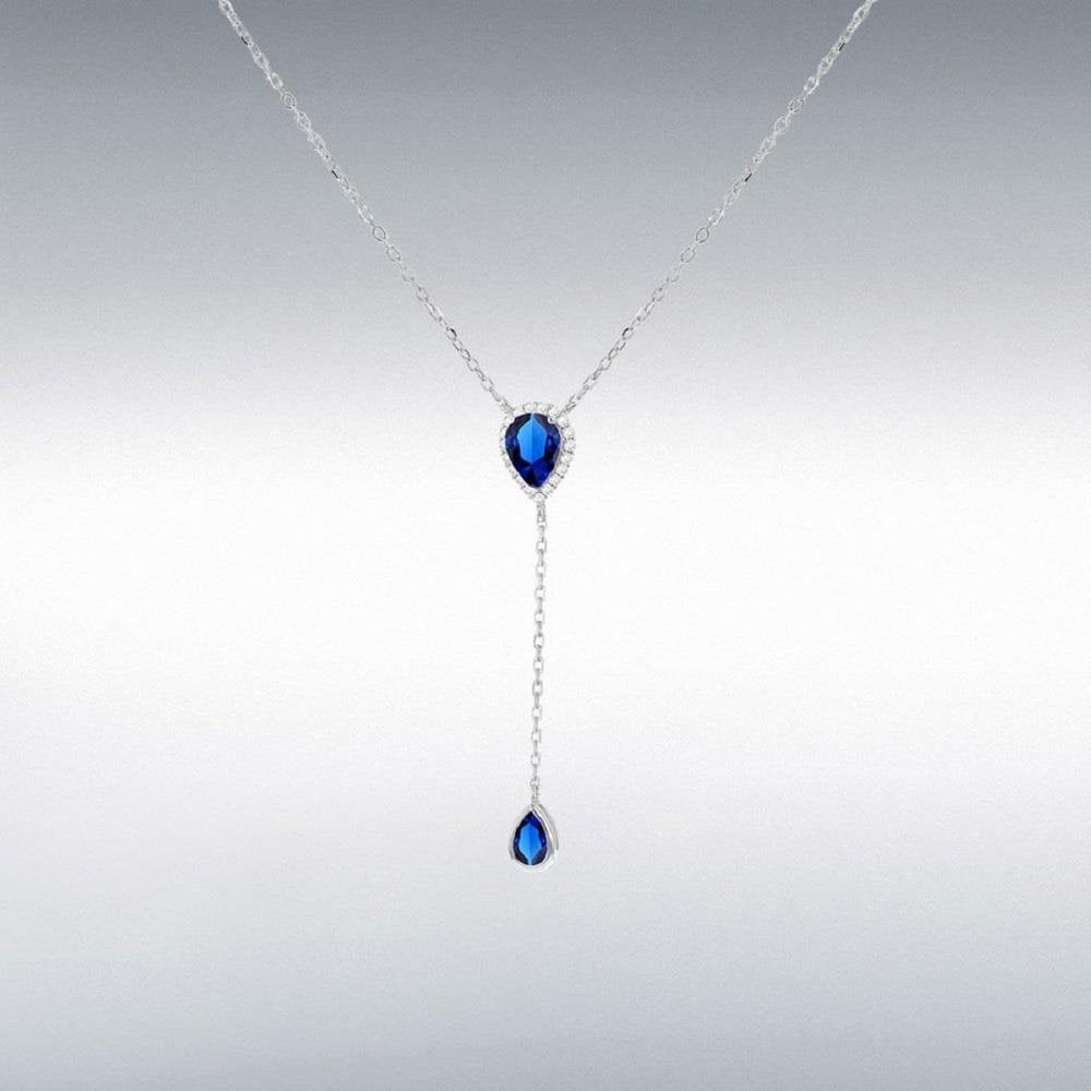 Silver Rhodium Plated Blue CZ Teardrop Adjustable Lariat Necklace 38cm/15"-43cm/17"