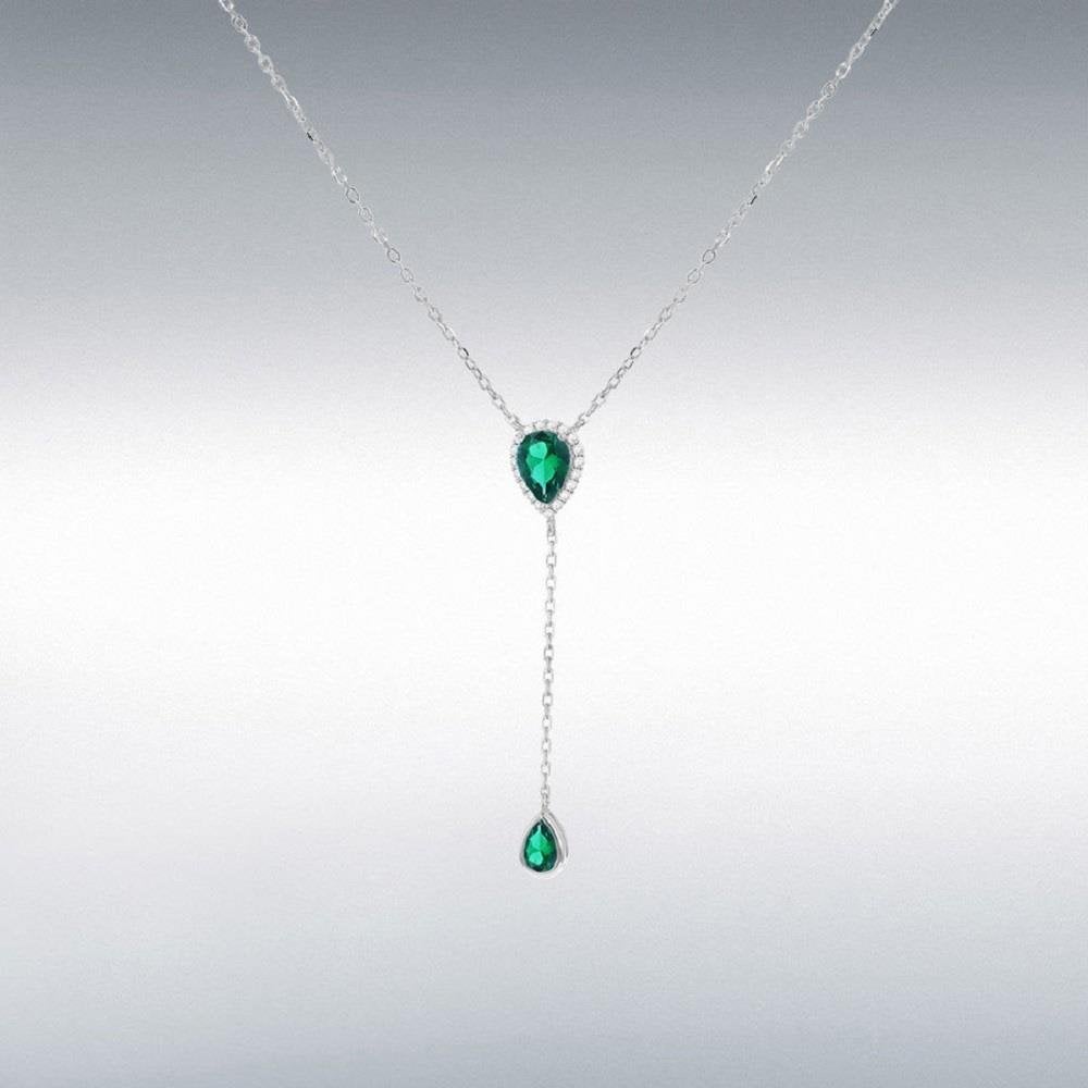 Silver Rhodium Plated Green CZ Teardrop Adjustable Lariat Necklace 38cm/15"-43cm/17"