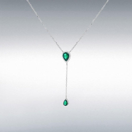 Silver Rhodium Plated Green CZ Teardrop Adjustable Lariat Necklace 38cm/15"-43cm/17"