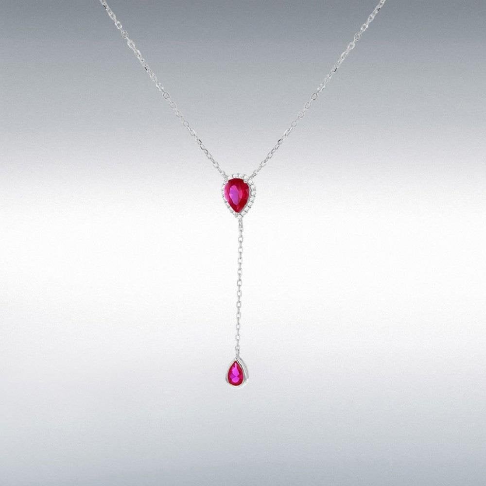 Silver Rhodium Plated Red CZ Teardrop Adjustable Lariat Necklace 38cm/15"-43cm/17"