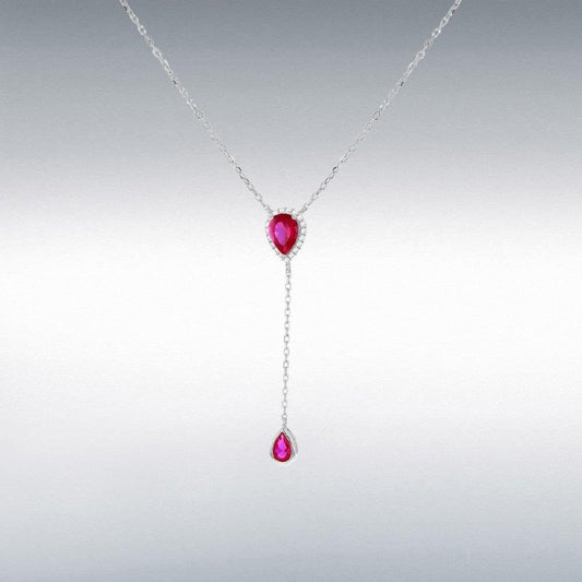 Silver Rhodium Plated Red CZ Teardrop Adjustable Lariat Necklace 38cm/15"-43cm/17"