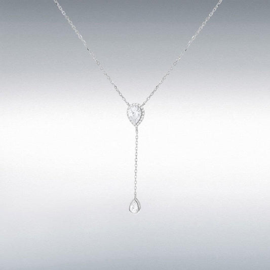 Silver Rhodium Plated White CZ Teardrop Adjustable Lariat Necklace 38cm/15"-43cm/17"