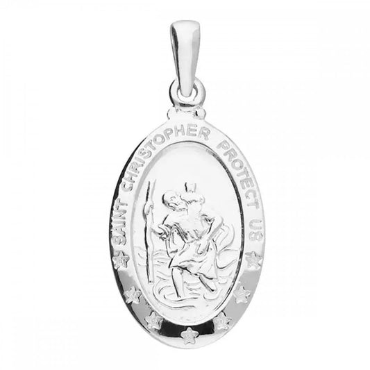 Silver St. Christopher Oval Protect Us Pendant