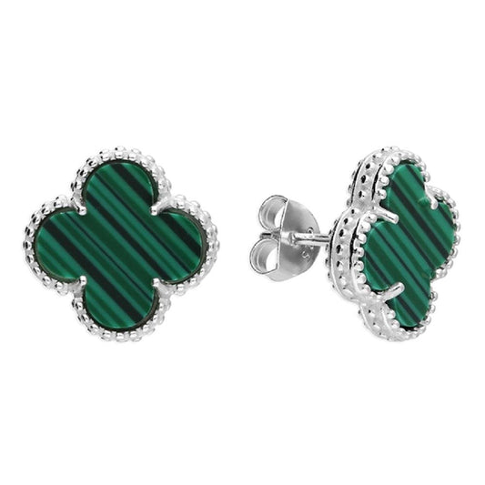 Silver Synthetic Malachite Clover Earrings