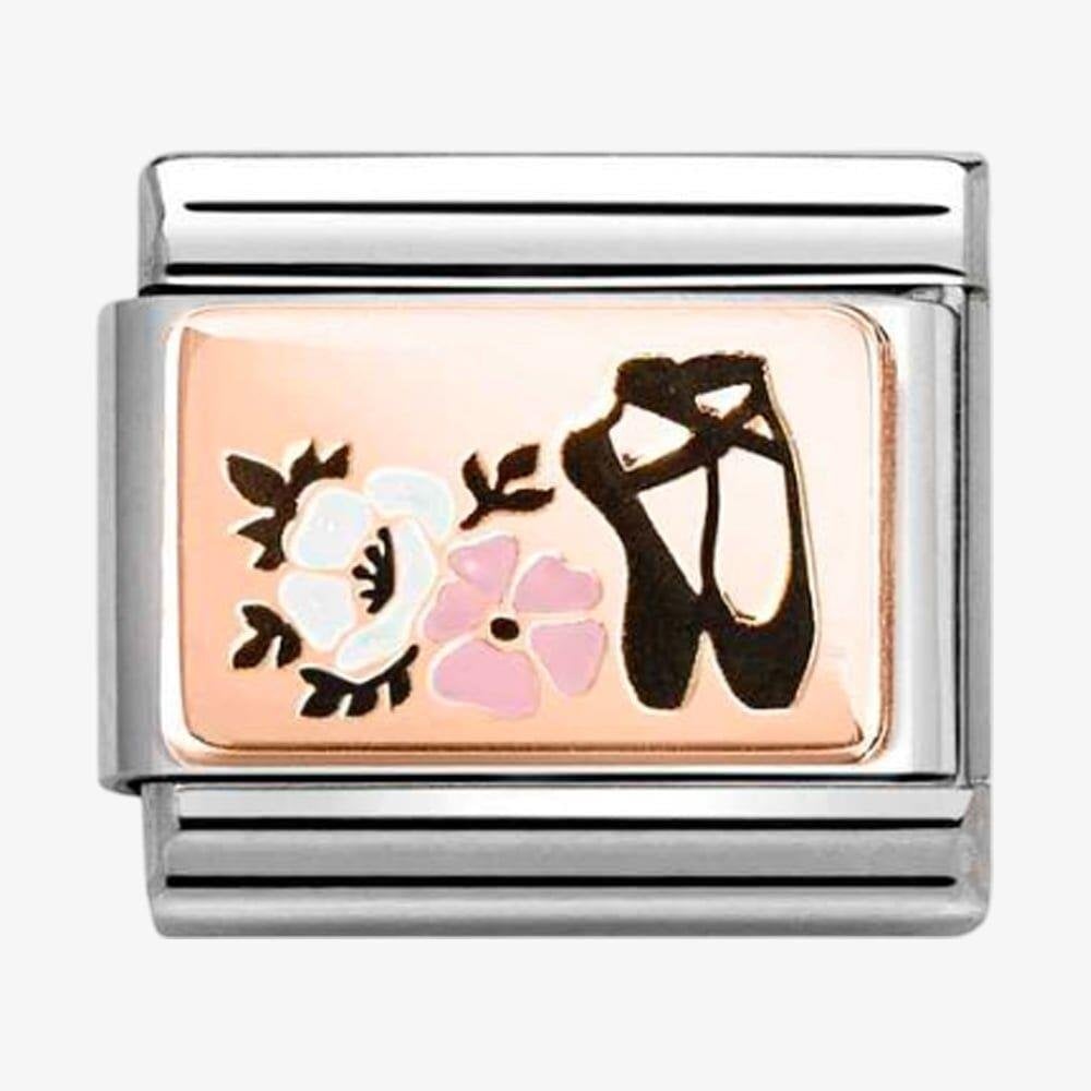 Stainless Steel 9ct Yellow Gold Ballet Shoes & Flowers Charm