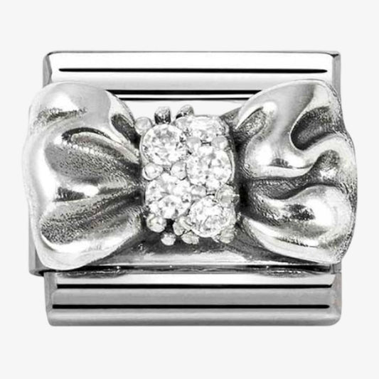 Stainless Steel & Silver Cubic Zirconia Bow Charm