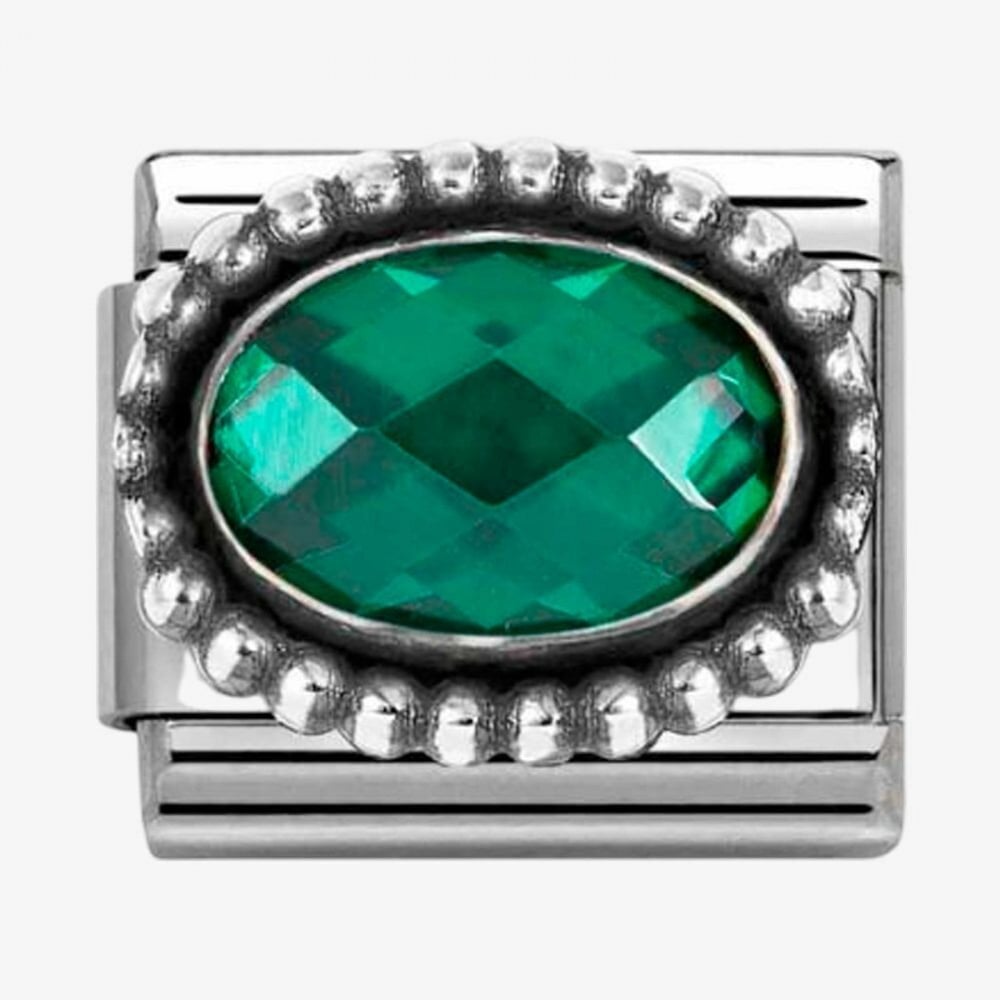 Stainless Steel & Silver Emerald Green Cubic Zirconia Oval Beaded Charm