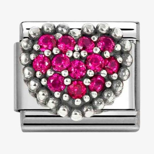 Stainless Steel & Silver Pink Cubic Zirconia Dotted Heart Charm