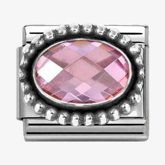 Stainless Steel & Silver Pink Cubic Zirconia Oval Beaded Charm