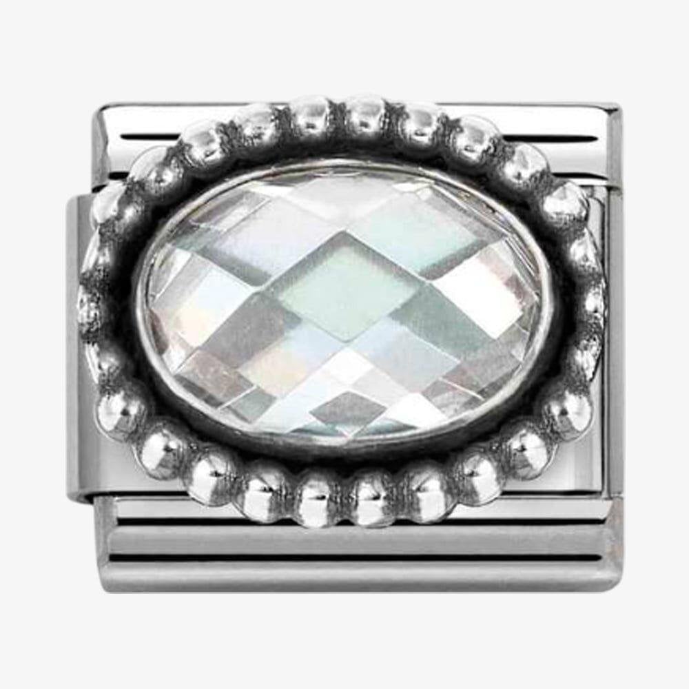 Stainless Steel & Silver White Cubic Zirconia Oval Beaded Charm