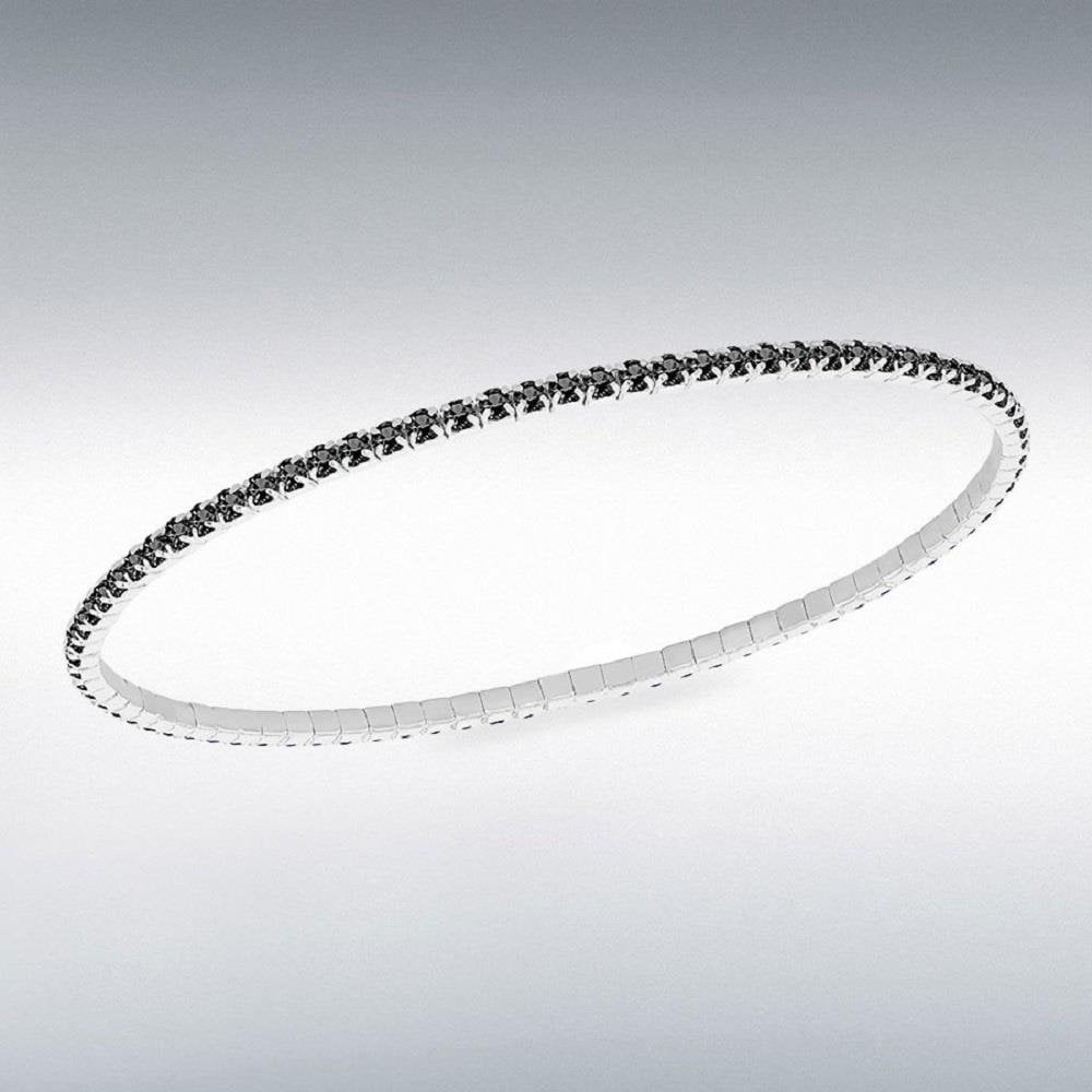 Sterling Silver Black 2mm CZ Stretch Bracelet 16.cm/6.5 "-19cm/7.5"