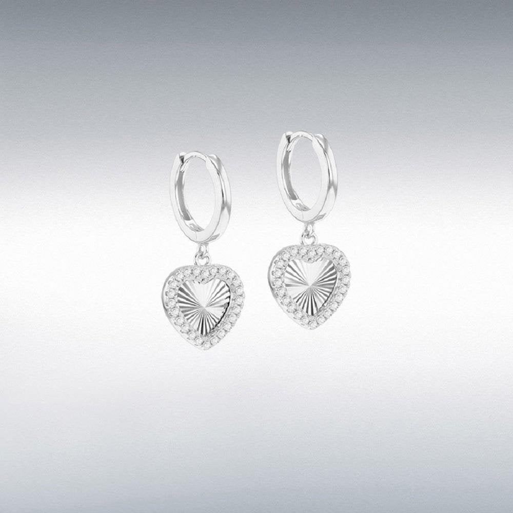 Sterling Silver Rhodium Plated 1mm CZ Rainbow Heart Hoop Earrings