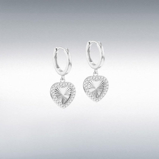 Sterling Silver Rhodium Plated 1mm CZ Rainbow Heart Hoop Earrings