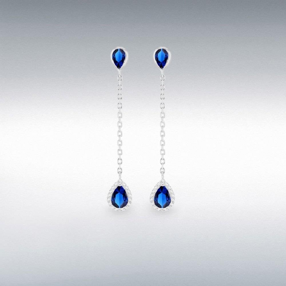 Sterling Silver Rhodium Plated Blue and White CZ Teardrop Drop Earring