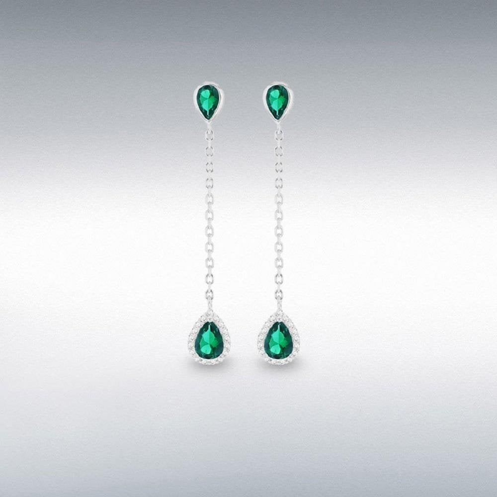 Sterling Silver Rhodium Plated Blue and White CZ Teardrop Drop Earring