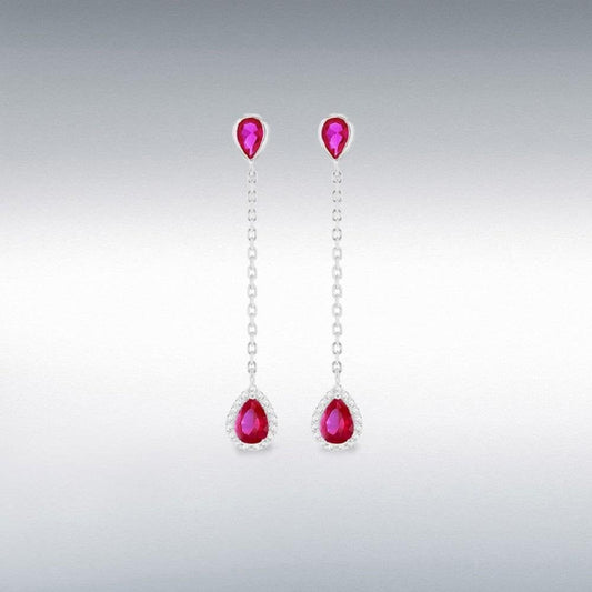 Sterling Silver Rhodium Plated Red and White CZ Teardrop Drop Earring