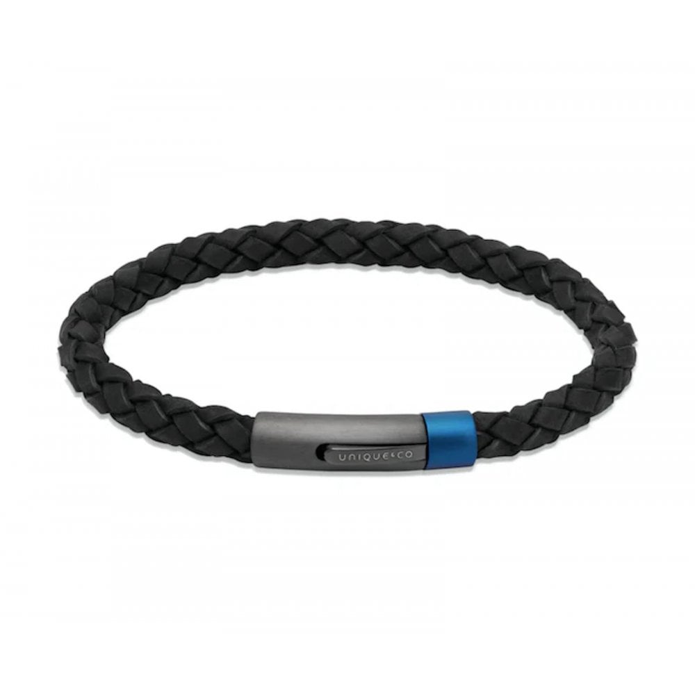 Unique Black Leather Blue IP Clasp Gents Bracelet