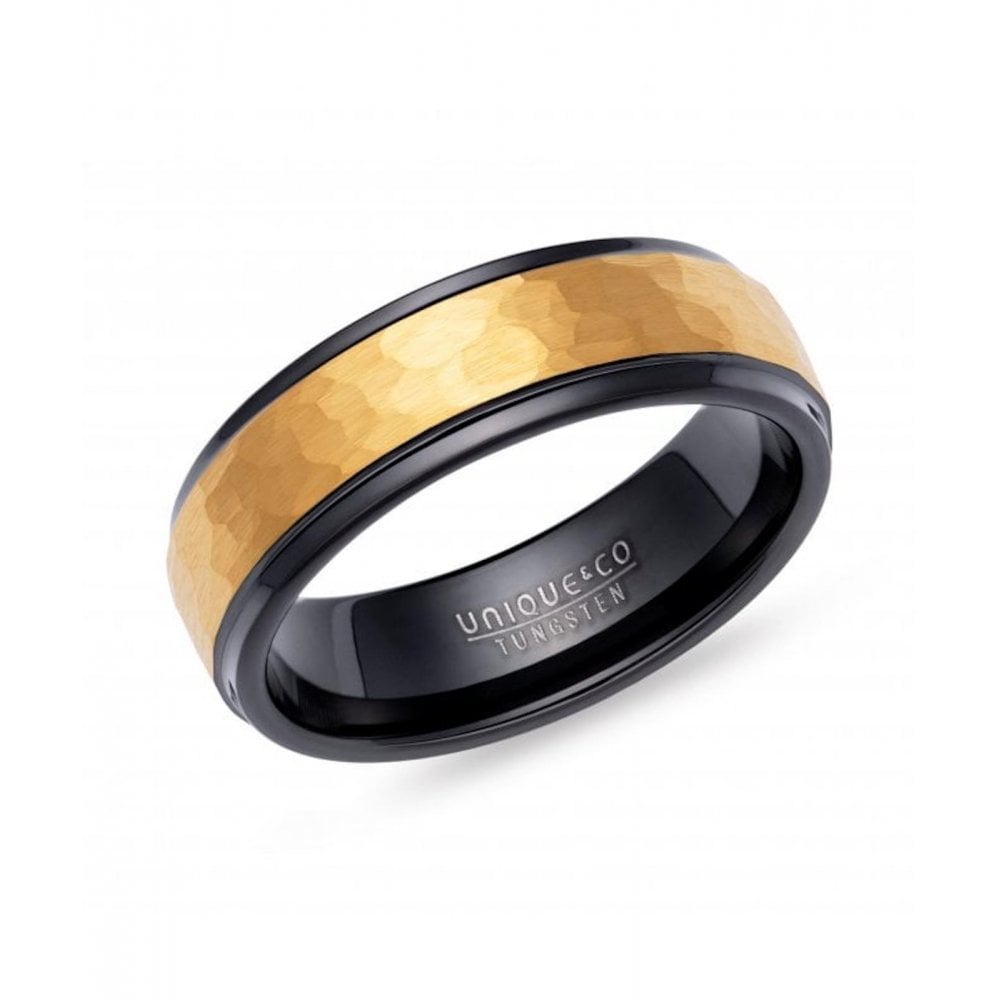 Unique Tungsten Carbide Ring 7mm Hammered Black/Yellow